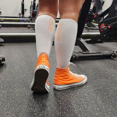 Gym Socks - White with Orange Writing - GetSocked!